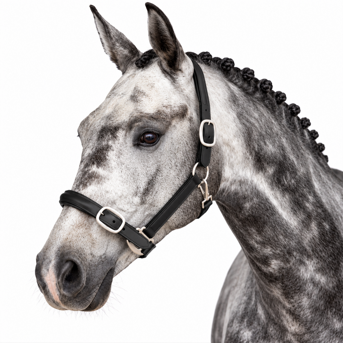 A close-up side profile of a dapple gray horse wearing a black leather halter with silver-tone metal buckles, set against a plain white background.